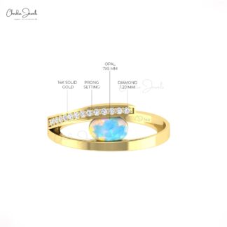 Dual Birthstone Bypass Ring With 0.72 Ct Fire Opal Diamond Split Shank Rings In 14k Gold