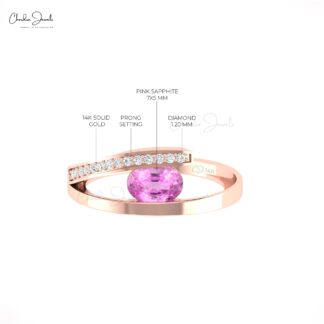 Gemstone Bypass Ring With 7x5mm Pink Sapphire And Diamond 14k Solid Gold Women Rings