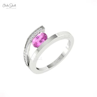 Gemstone Bypass Ring With 7x5mm Pink Sapphire And Diamond 14k Solid Gold Women Rings
