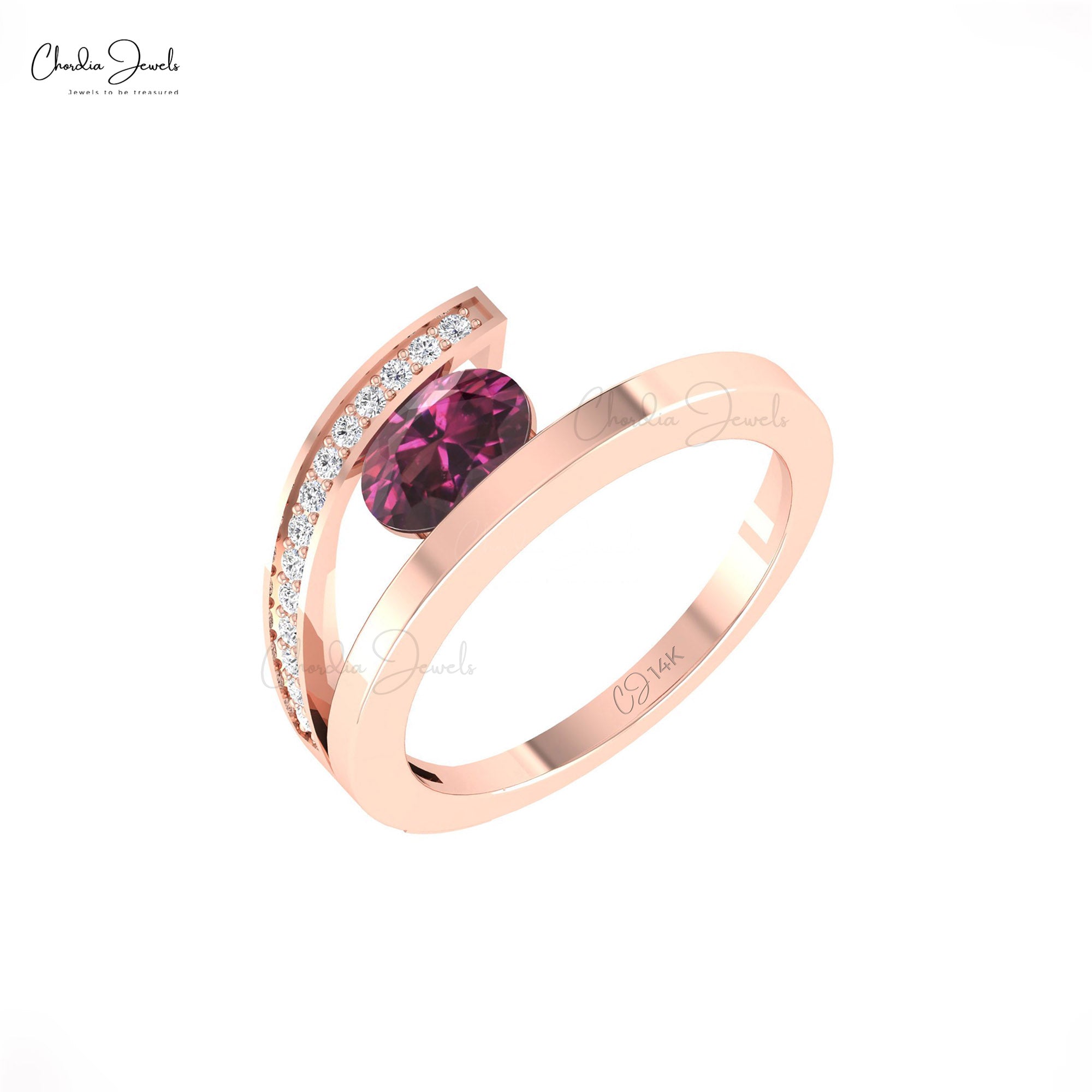 Natural Rhodolite Garnet Bypass Ring With G-H Diamond Split Shank 14k Solid Gold Rings