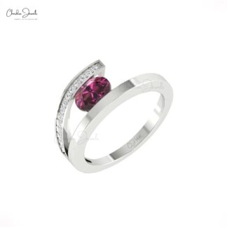 Natural Rhodolite Garnet Bypass Ring With G-H Diamond Split Shank 14k Solid Gold Rings