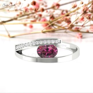 Natural Rhodolite Garnet Bypass Ring With G-H Diamond Split Shank 14k Solid Gold Rings