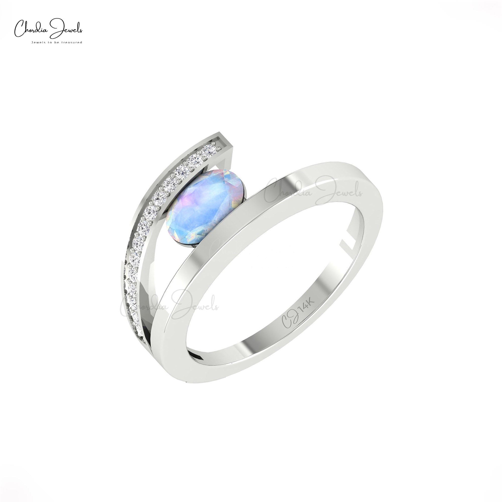 Oval Split Shank Engagement Ring In 14k Solid Gold Rainbow Moonstone And Diamond Rings