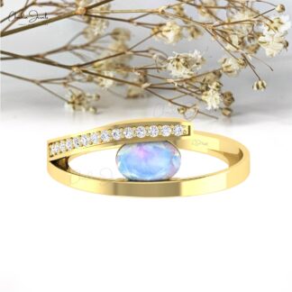 Oval Split Shank Engagement Ring In 14k Solid Gold Rainbow Moonstone And Diamond Rings
