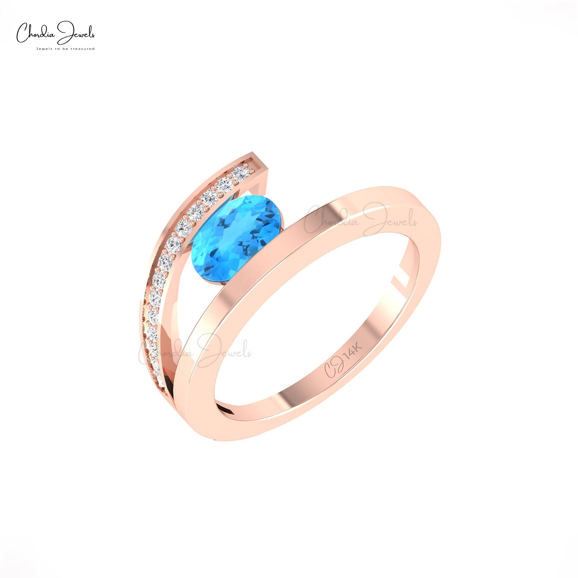 Pave Diamond Split Shank Ring In 14k Real Gold Swiss Blue Topaz 7x5mm Oval Wedding Rings
