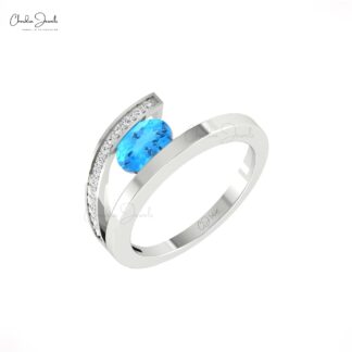 Pave Diamond Split Shank Ring In 14k Real Gold Swiss Blue Topaz 7x5mm Oval Wedding Rings