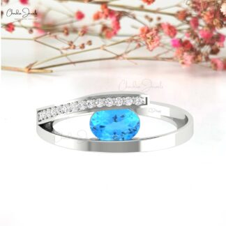 Pave Diamond Split Shank Ring In 14k Real Gold Swiss Blue Topaz 7x5mm Oval Wedding Rings
