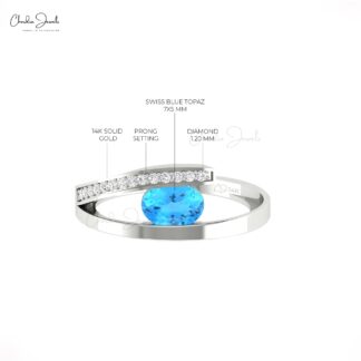 Pave Diamond Split Shank Ring In 14k Real Gold Swiss Blue Topaz 7x5mm Oval Wedding Rings