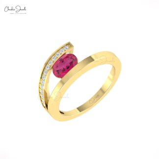 Dainty Diamond Split Shank Ring With 0.72 Ct Pink Tourmaline Promise Ring In 14k Real Gold