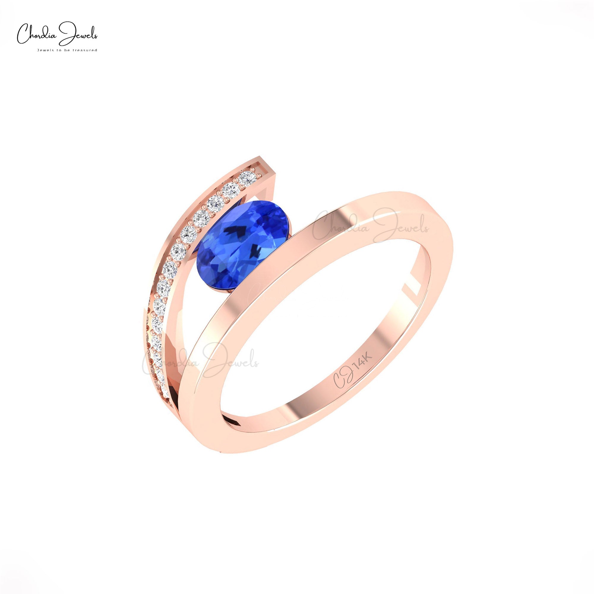 Bypass Oval Cut Women Ring In Solid 14k Gold Tanzanite And Diamond Split Shank Rings