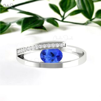 Bypass Oval Cut Women Ring In Solid 14k Gold Tanzanite And Diamond Split Shank Rings