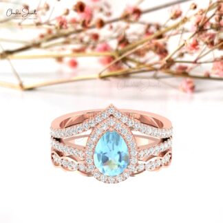 Halo Diamond Multilayer Ring With 8x6mm Aquamarine March Birthstone 14k Real Gold Rings