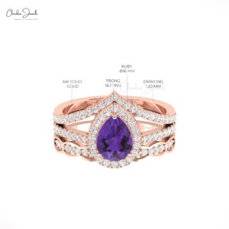 Multilayer Split Shank Ring In Solid 14k Gold Amethyst And Diamond Halo Hallmarked Ring