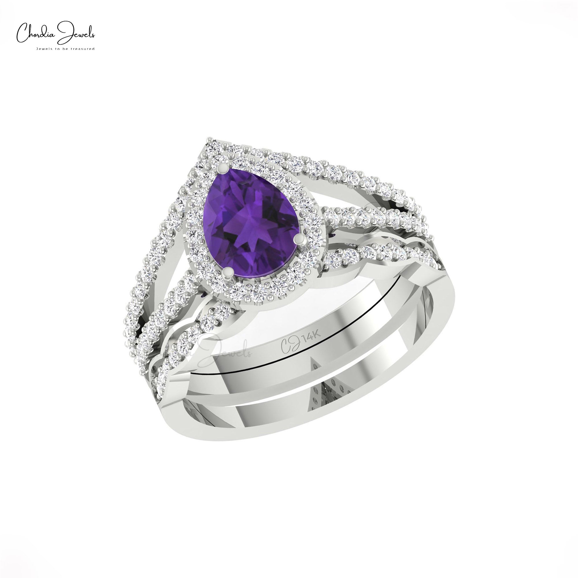 Multilayer Split Shank Ring In Solid 14k Gold Amethyst And Diamond Halo Hallmarked Ring
