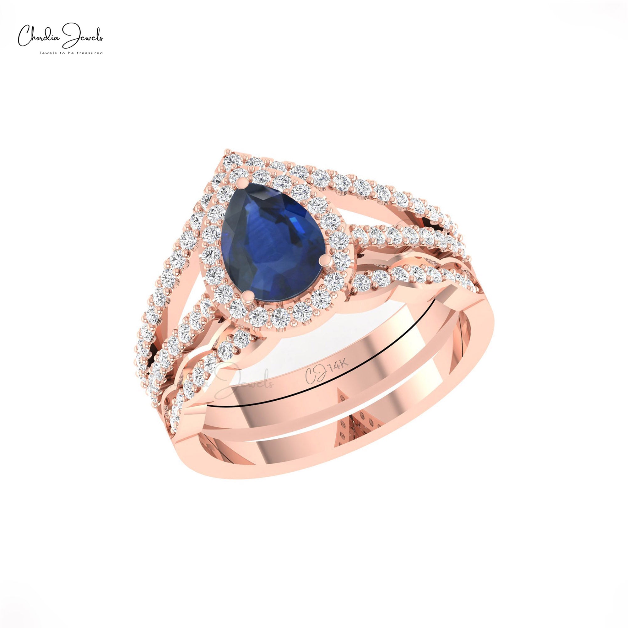 Solid 14k Gold Multi Layer Halo Ring With 8x6mm Blue Sapphire And Diamond Wedding Ring