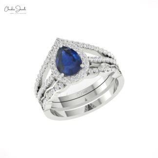 Solid 14k Gold Multi Layer Halo Ring With 8x6mm Blue Sapphire And Diamond Wedding Ring
