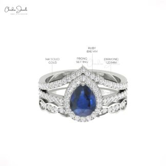 Solid 14k Gold Multi Layer Halo Ring With 8x6mm Blue Sapphire And Diamond Wedding Ring