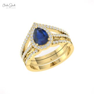 Solid 14k Gold Multi Layer Halo Ring With 8x6mm Blue Sapphire And Diamond Wedding Ring