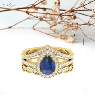 Solid 14k Gold Multi Layer Halo Ring With 8x6mm Blue Sapphire And Diamond Wedding Ring
