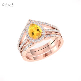 Gemstone Split Shank Ring With 8x6mm Citrine And Halo Diamond Pave In 14k Real Gold Ring