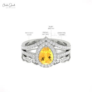 Gemstone Split Shank Ring With 8x6mm Citrine And Halo Diamond Pave In 14k Real Gold Ring
