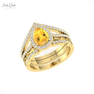 Gemstone Split Shank Ring With 8x6mm Citrine And Halo Diamond Pave In 14k Real Gold Ring
