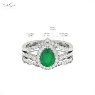 Multilayer Shank Halo Ring In 14k Real Gold Zambian Emerald Diamond Wedding Rings