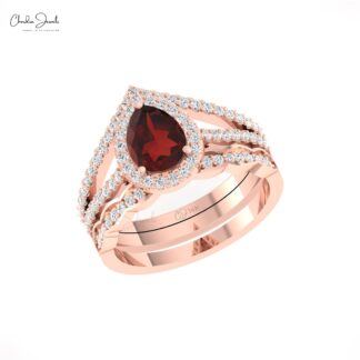 Multilayer Unique Halo Ring With 8x6mm Red Garnet Diamond Pave Set In 14k Real Gold Ring