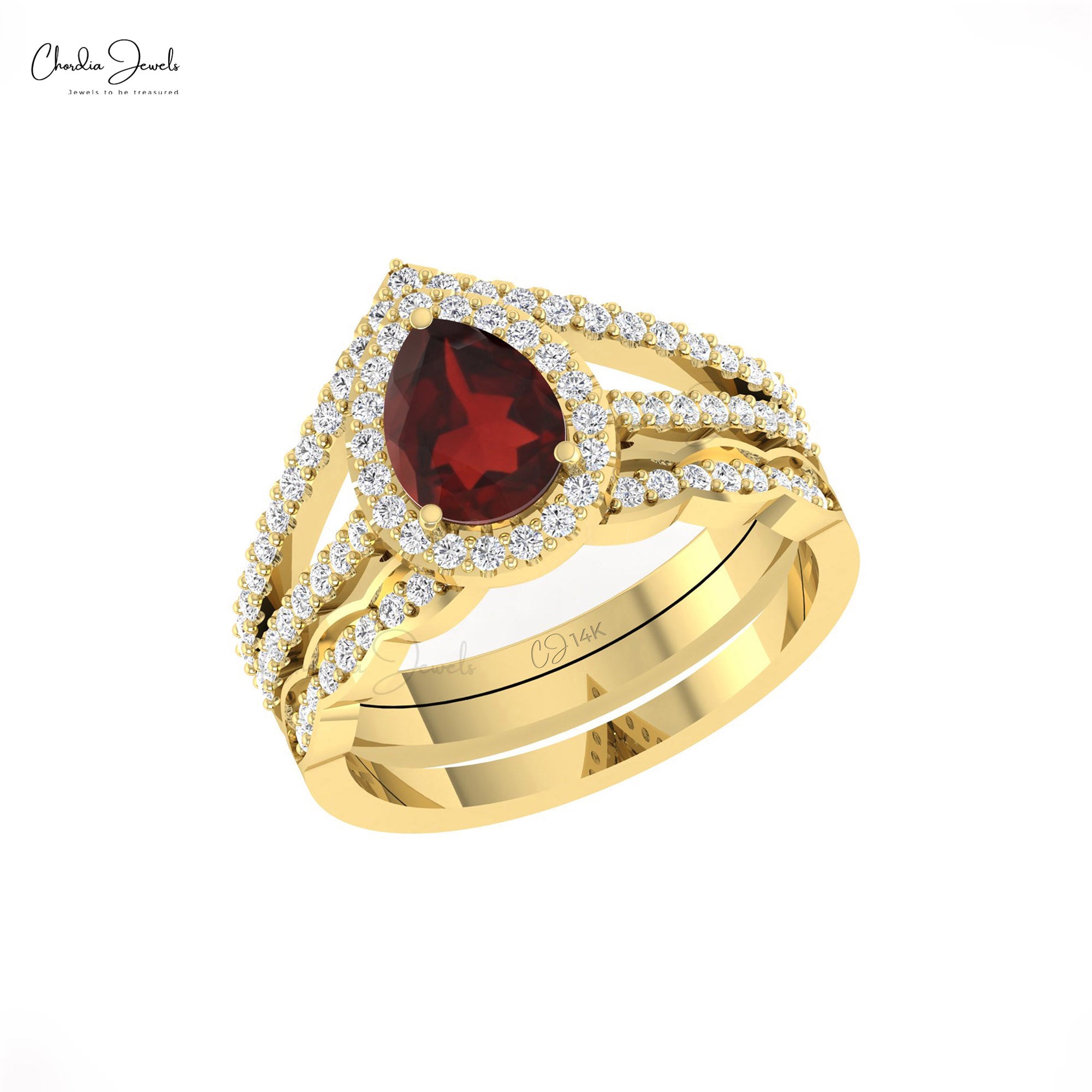 Multilayer Unique Halo Ring With 8x6mm Red Garnet Diamond Pave Set In 14k Real Gold Ring