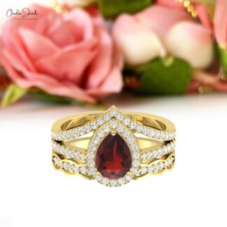 Multilayer Unique Halo Ring With 8x6mm Red Garnet Diamond Pave Set In 14k Real Gold Ring