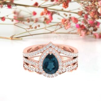 Natural London Blue Topaz Halo Ring In 14k Pure Gold Diamond Multilayer Rings For Her
