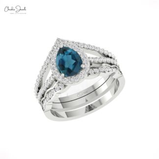 Natural London Blue Topaz Halo Ring In 14k Pure Gold Diamond Multilayer Rings For Her
