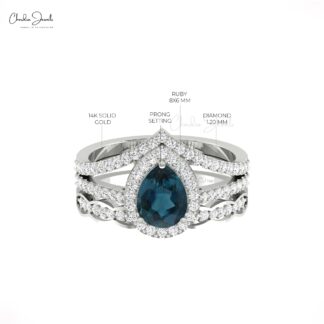 Natural London Blue Topaz Halo Ring In 14k Pure Gold Diamond Multilayer Rings For Her