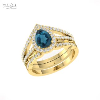Natural London Blue Topaz Halo Ring In 14k Pure Gold Diamond Multilayer Rings For Her