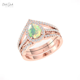 Teardrop Multilayer Ring In Solid 14k Gold Fire Opal G-H Diamond Halo Engagement Rings