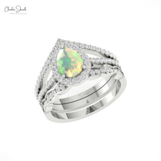 Teardrop Multilayer Ring In Solid 14k Gold Fire Opal G-H Diamond Halo Engagement Rings