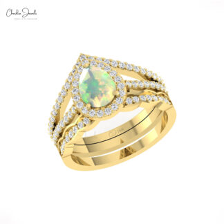 Teardrop Multilayer Ring In Solid 14k Gold Fire Opal G-H Diamond Halo Engagement Rings