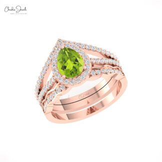 Real 14k Gold Split Shank Ring With 0.96 Ct Peridot August Birthstone Halo Diamond Ring