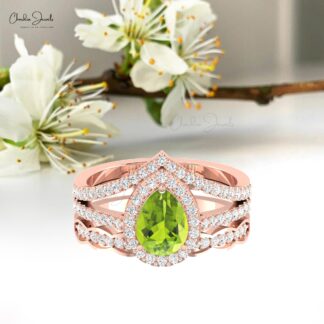 Real 14k Gold Split Shank Ring With 0.96 Ct Peridot August Birthstone Halo Diamond Ring