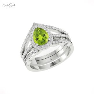 Real 14k Gold Split Shank Ring With 0.96 Ct Peridot August Birthstone Halo Diamond Ring