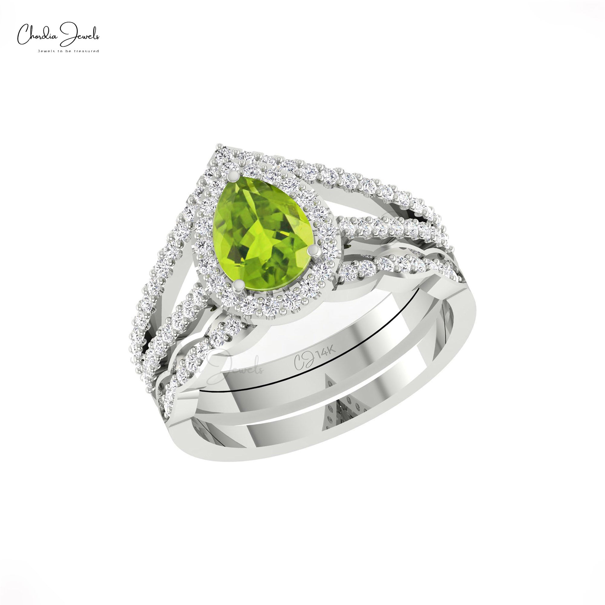 Real 14k Gold Split Shank Ring With 0.96 Ct Peridot August Birthstone Halo Diamond Ring