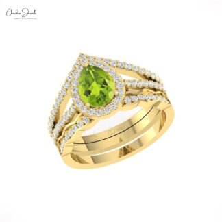 Real 14k Gold Split Shank Ring With 0.96 Ct Peridot August Birthstone Halo Diamond Ring