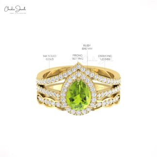 Real 14k Gold Split Shank Ring With 0.96 Ct Peridot August Birthstone Halo Diamond Ring