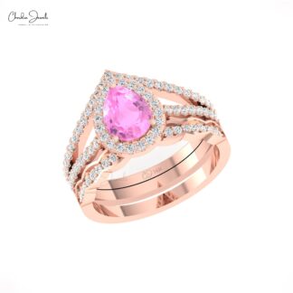 Split Shank Halo Diamond Ring In Pure 14k Gold Pink Sapphire 8x6mm Teardrop Rings