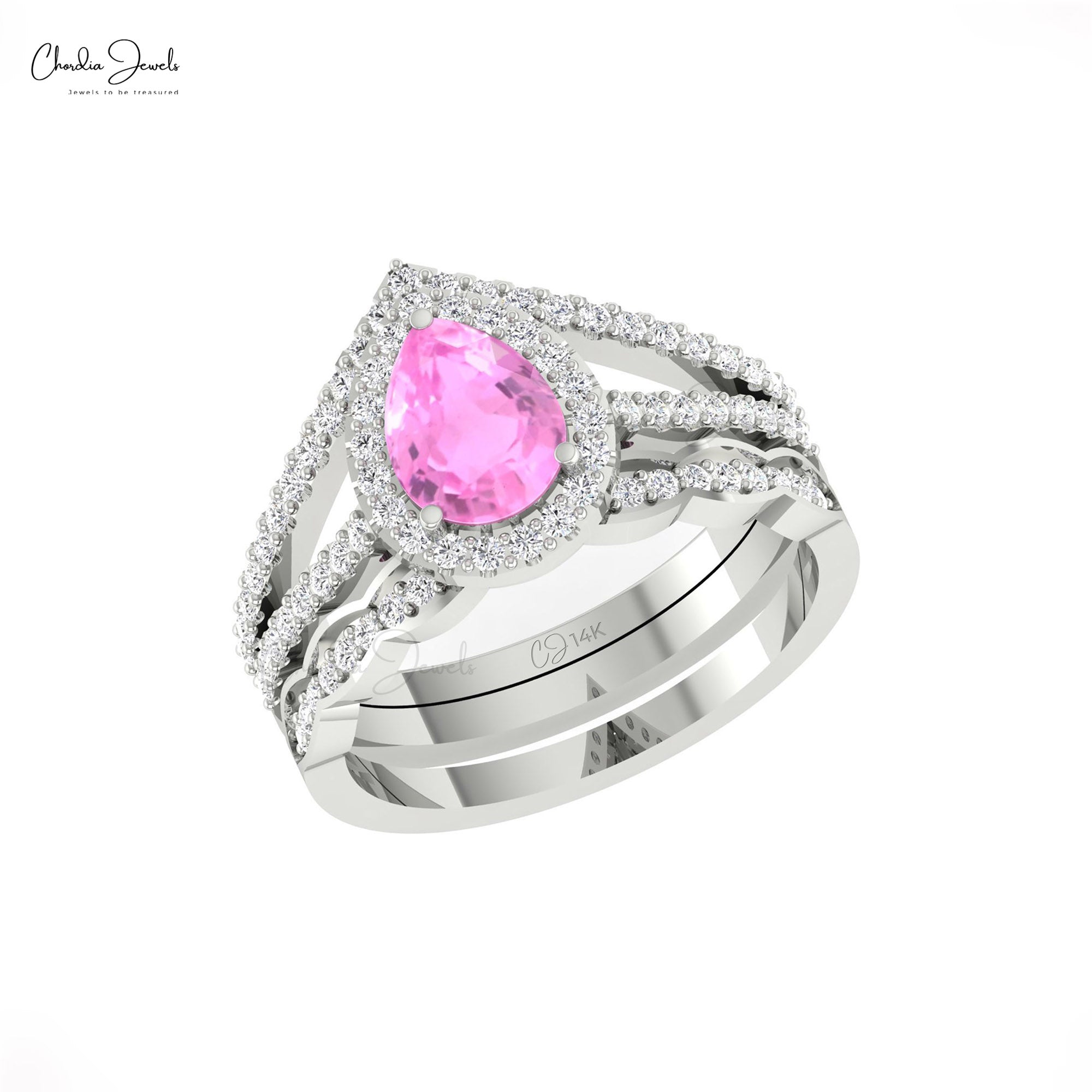 Split Shank Halo Diamond Ring In Pure 14k Gold Pink Sapphire 8x6mm Teardrop Rings