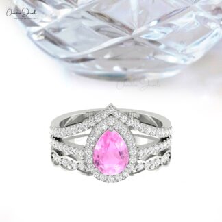 Split Shank Halo Diamond Ring In Pure 14k Gold Pink Sapphire 8x6mm Teardrop Rings