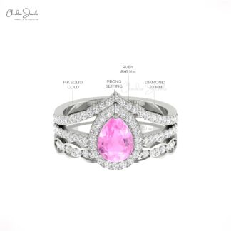Split Shank Halo Diamond Ring In Pure 14k Gold Pink Sapphire 8x6mm Teardrop Rings