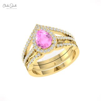 Split Shank Halo Diamond Ring In Pure 14k Gold Pink Sapphire 8x6mm Teardrop Rings