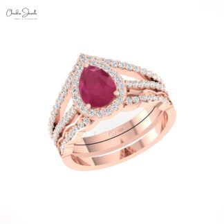 Halo Engagement Ring With 1.5 Ct Ruby And Diamond Split Shank Rings In 14k Solid Gold