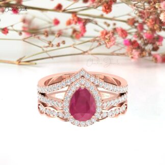 Halo Engagement Ring With 1.5 Ct Ruby And Diamond Split Shank Rings In 14k Solid Gold